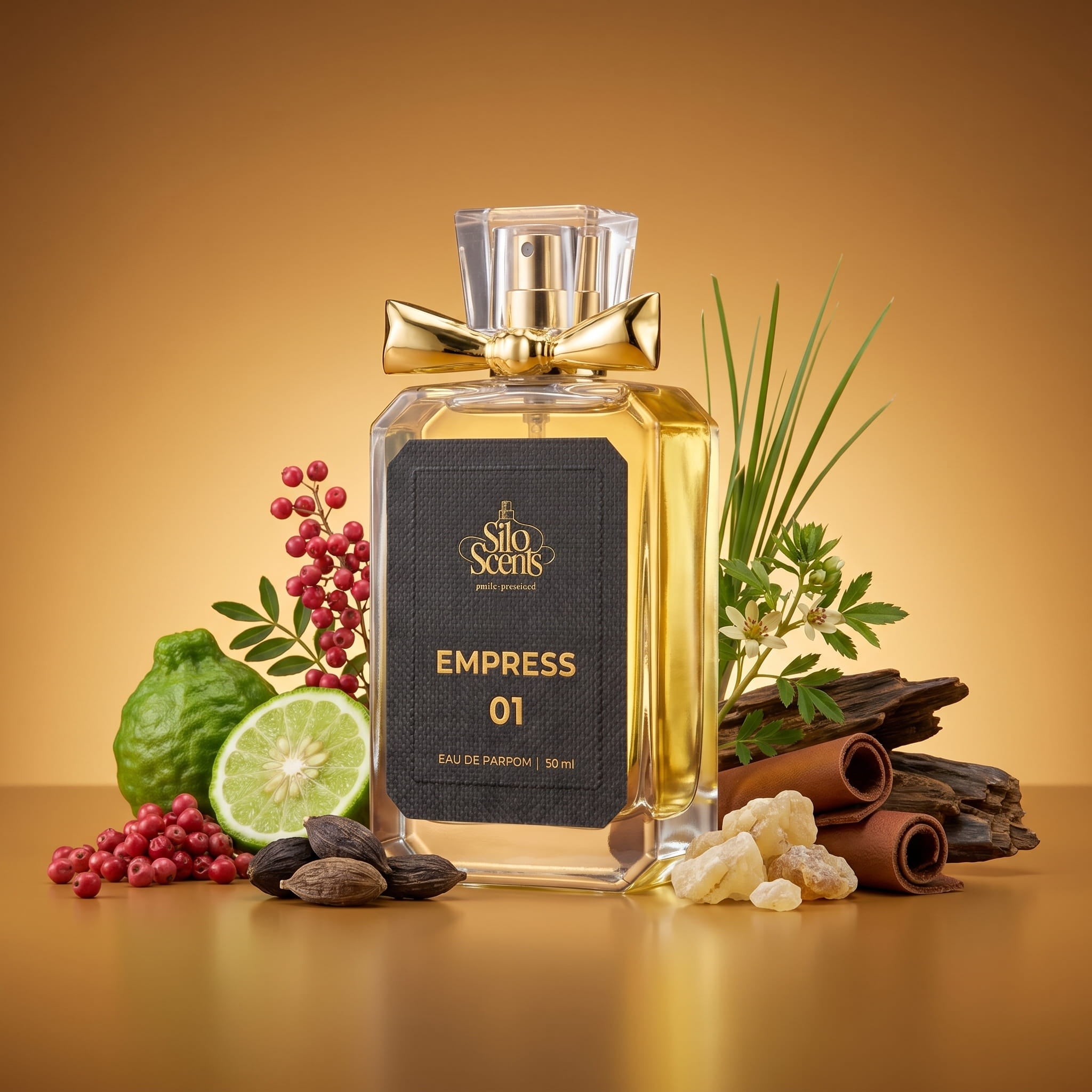 Perfume bottle labeled 'Empress 01' with botanical elements on a warm background