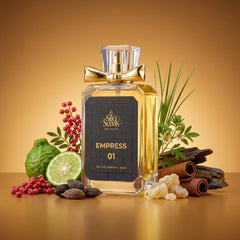 Perfume bottle labeled 'Empress 01' with botanical elements on a warm background
