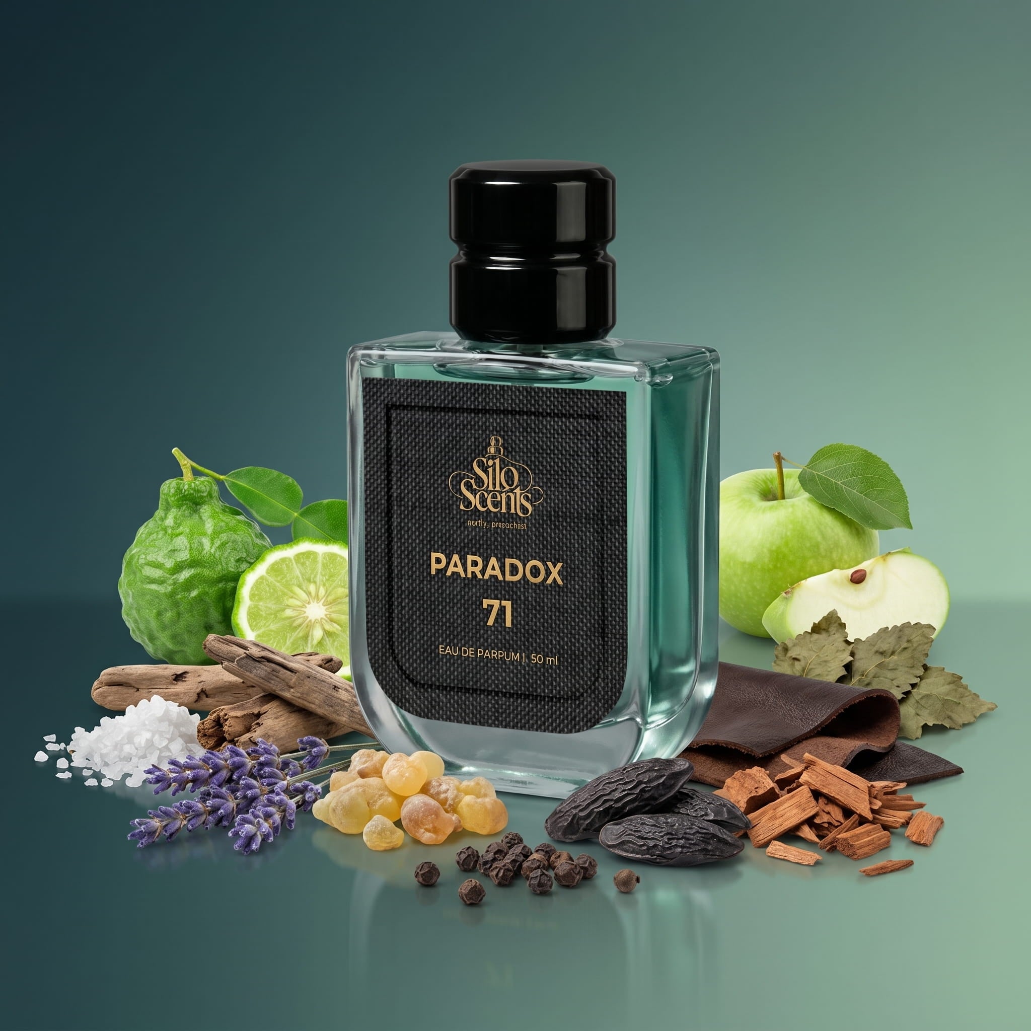 Perfume bottle labeled 'Paradox 71' surrounded by fruits, herbs, and spices on a gradient background