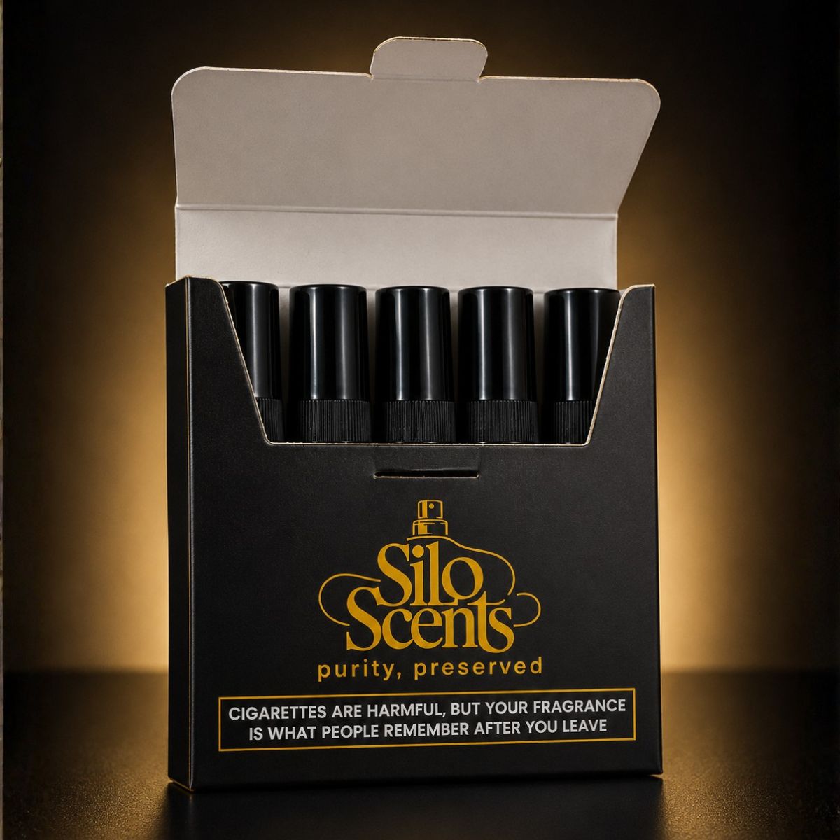 Black box of Silo Scents with gold text on a dark background