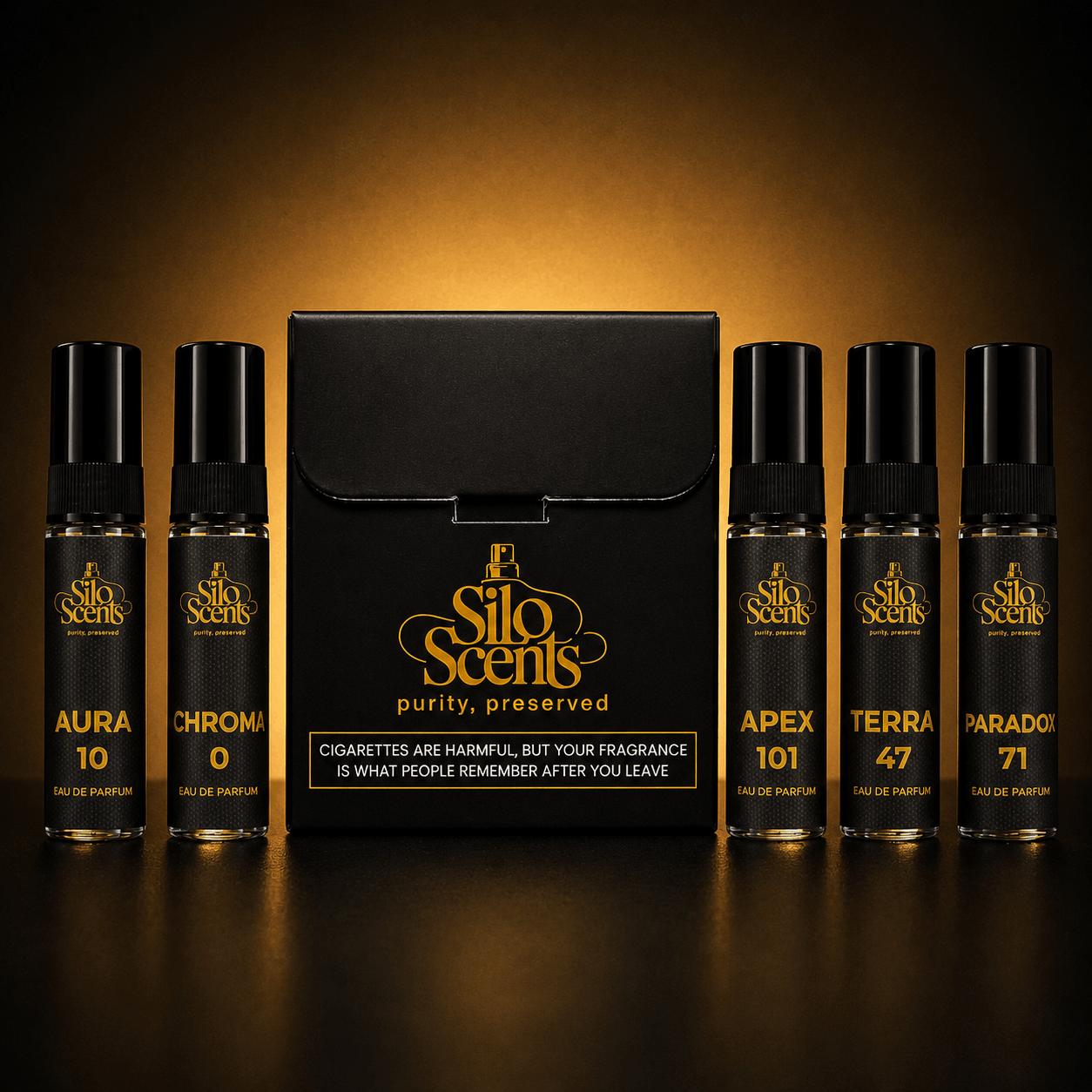 Collection of Silo Scents perfume bottles with a black box on a dark background