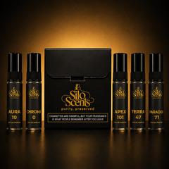Collection of Silo Scents perfume bottles with a black box on a dark background