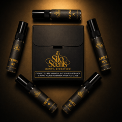 Silent Scents perfume bottles and packaging on a dark background