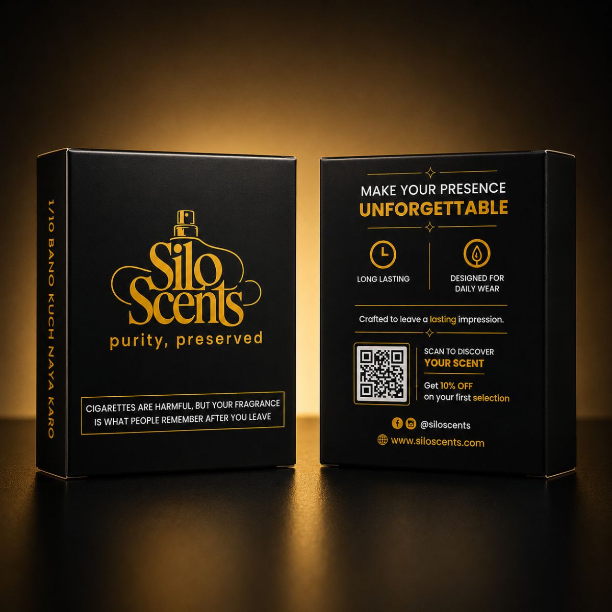 Silo Scents product packaging with branding and QR code on a dark background