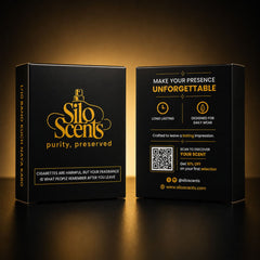 Silo Scents product packaging with branding and QR code on a dark background