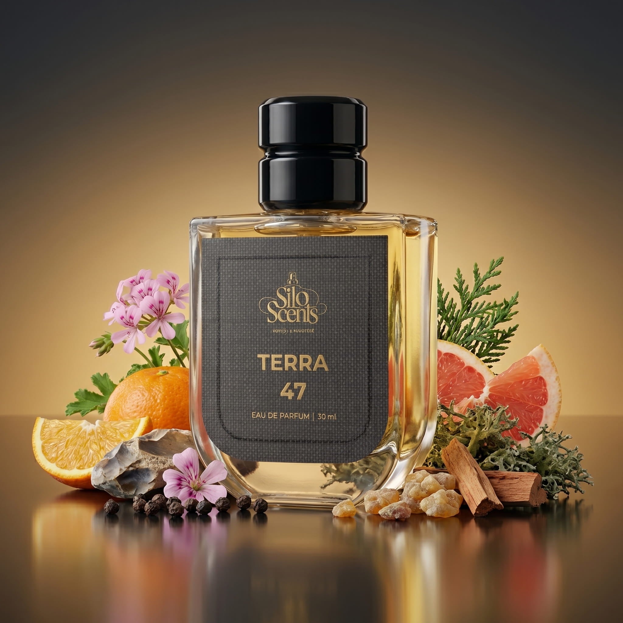 Perfume bottle labeled 'Silo Scents Terra 47' with natural elements on a warm background