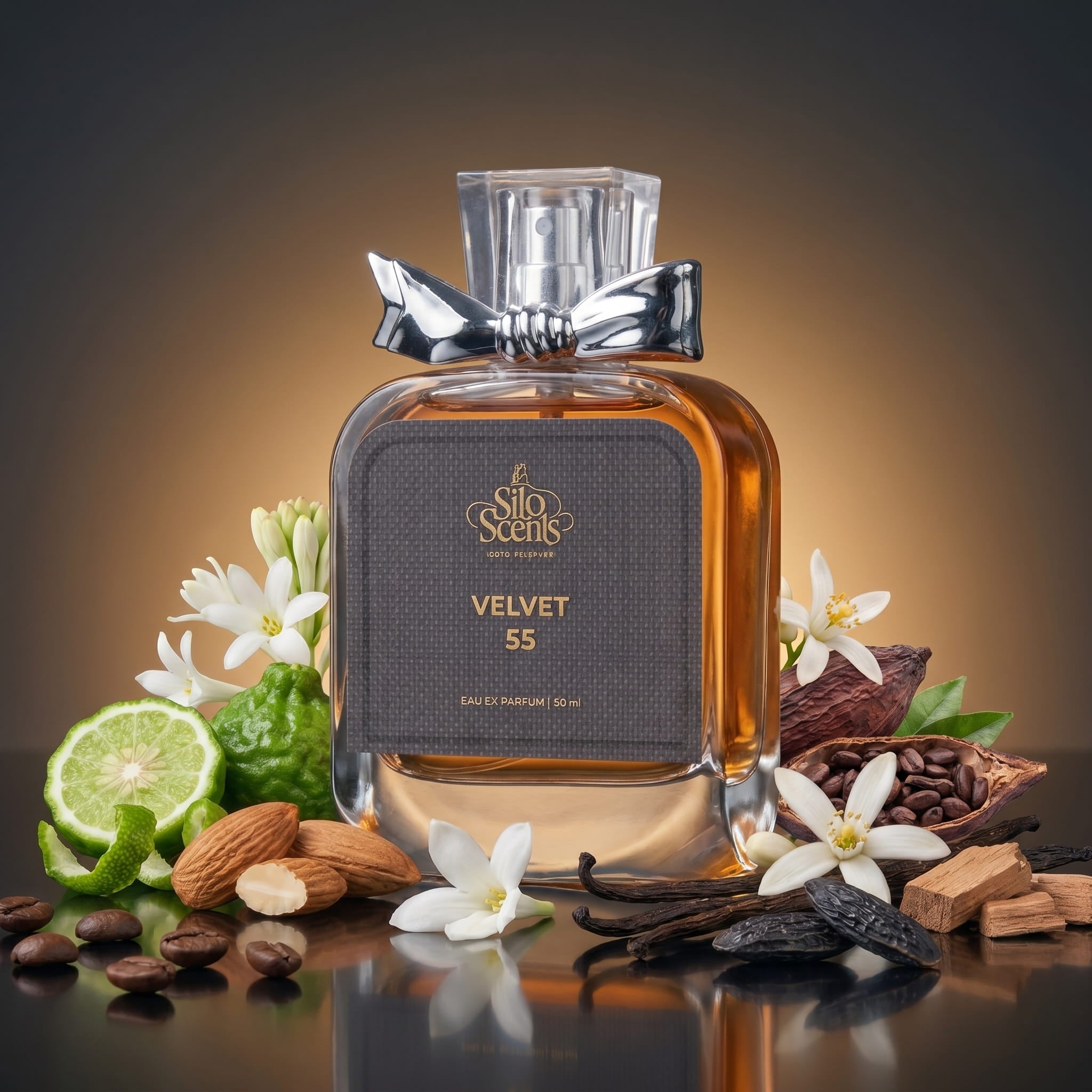 Perfume bottle labeled 'Velvet 55' surrounded by flowers, fruits, and spices on a reflective surface.