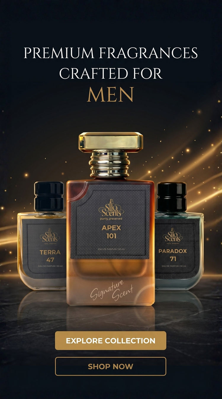Three perfume bottles with labels on a dark background, featuring text about premium fragrances for men.
